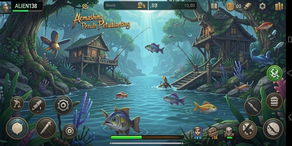 Screenshot gameplay ALIEN138 menampilkan aksi memancing yang seru dan penuh warna.