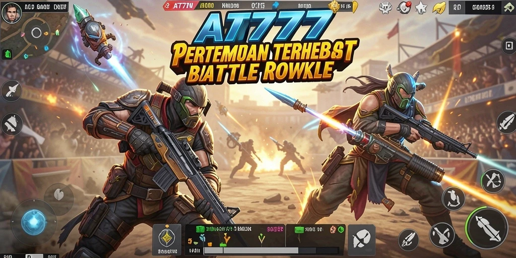 Screenshot utama AT777 menampilkan aksi intens di medan perang Battle Royale.