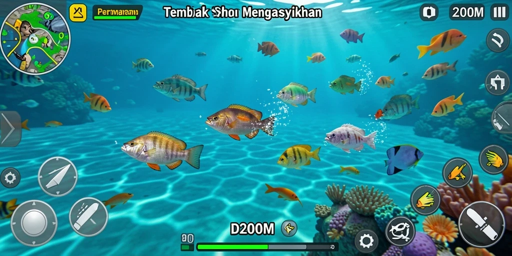 Screenshot gameplay D200M menampilkan serunya menembak ikan.