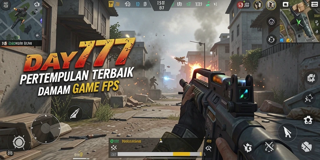 Screenshot utama DAY777 menampilkan aksi seru dalam gameplay FPS.