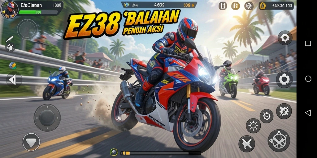 Tampilan gameplay seru di EZ338 saat balapan motor.