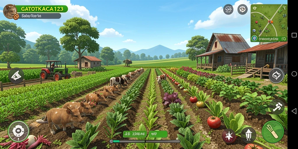 Screenshot GATOTKACA123 menunjukkan pemandangan ladang yang hijau dan tanaman subur.