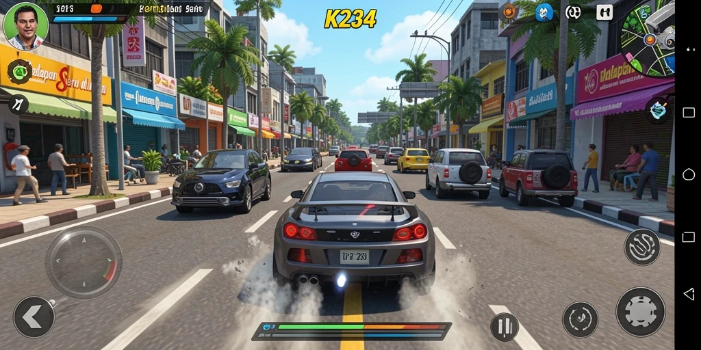 Screenshot K234 menampilkan balapan mendebarkan di jalanan kota.