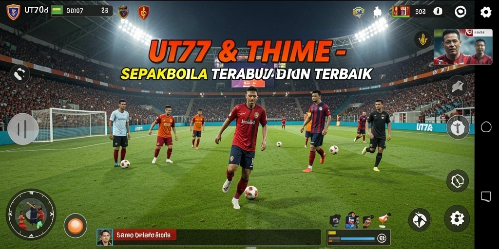 Screenshot UT77 menampilkan aksi pertandingan sepakbola yang intens.