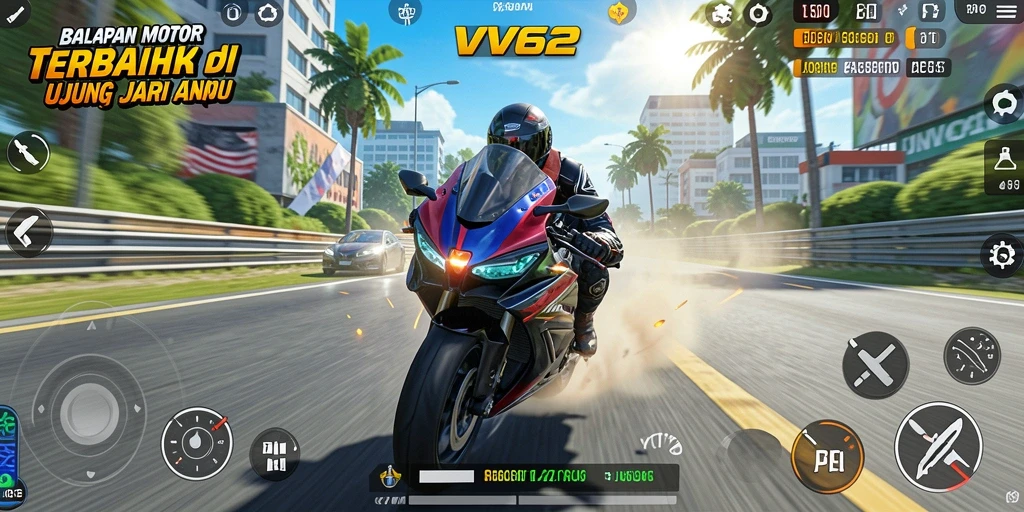 Screenshot menampilkan gameplay balapan motor yang seru dan mendebarkan.